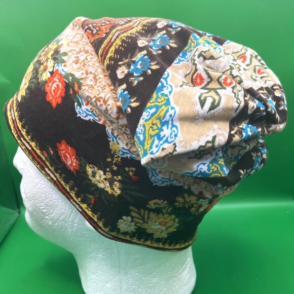 Boho Floral Slouchy Beanie Chemo Hat Turban Cap Patchwork Print Hippie Knit - Picture 2 of 9